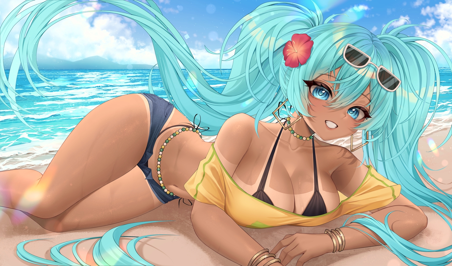 aqua_eyes, aqua_hair, beach, bikini, brazilian_miku, breasts, cleavage, dark_skin