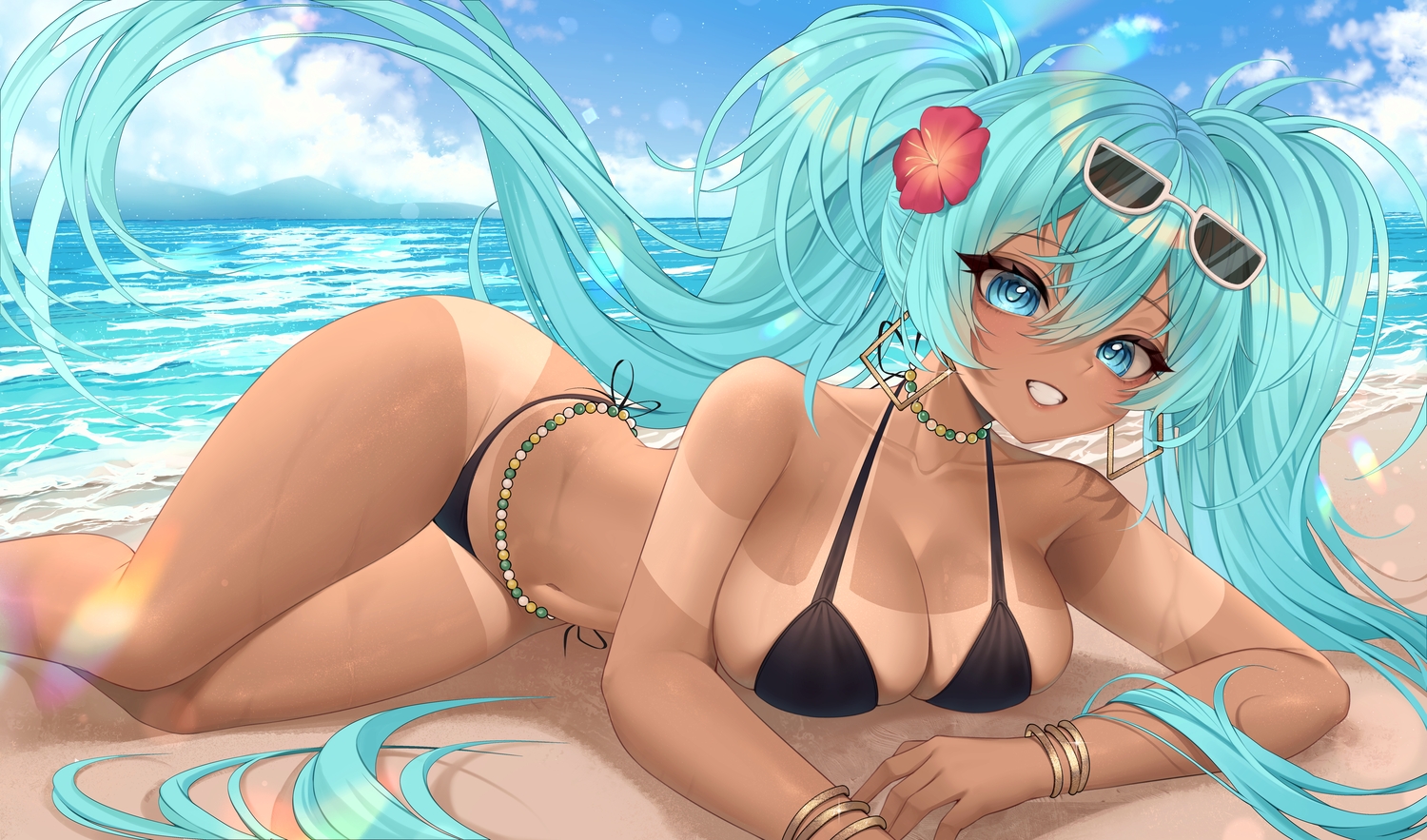 aqua_eyes, aqua_hair, beach, bikini, brazilian_miku, breasts, cleavage, dark_skin, hatsune_miku, long_hair, lorikaruu, necklace, sunglasses, swimsuit, tan_lines, twintails, vocaloid, water, wristwear