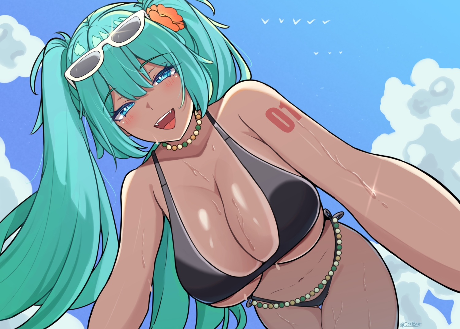aqua_hair, bikini, blue_eyes, brazilian_miku, breasts, cleavage, coubalty, hatsune_miku, long_hair, necklace, sunglasses, swimsuit, tan_lines, twintails, vocaloid, wet