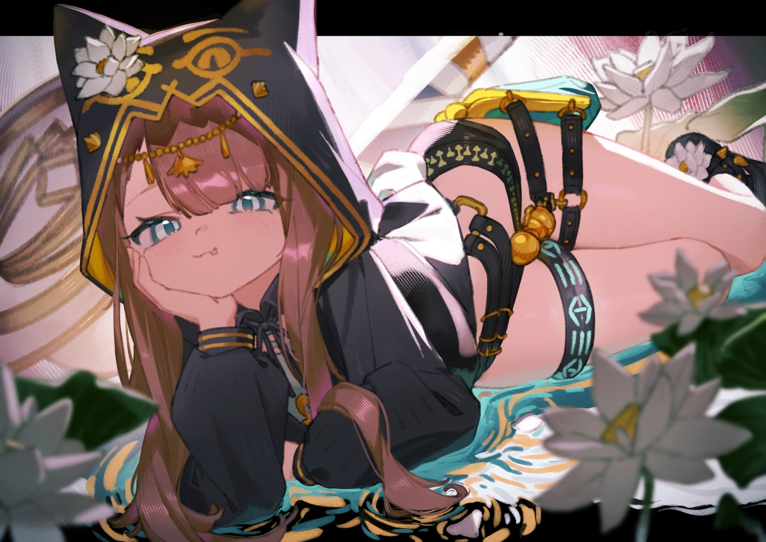 animal_ears, arknights, blue_eyes, blush, brown_hair, cat_smile, fang, flowers