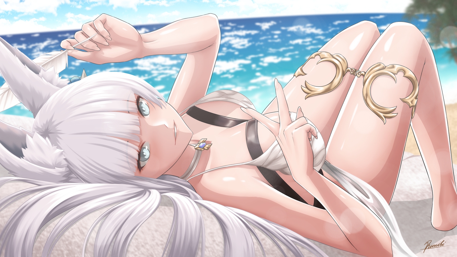 animal_ears, aqua_eyes, beach, bikini, breasts, choker, close, clouds, feathers, garter, granblue_fantasy, gray_hair, korwa, long_hair, ramiki_(ramesgoag), signed, sky, swimsuit, water
