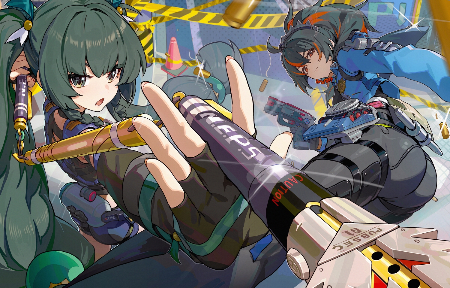 2girls, ass, black_hair, blush, braids, close, elbow_gloves, garter