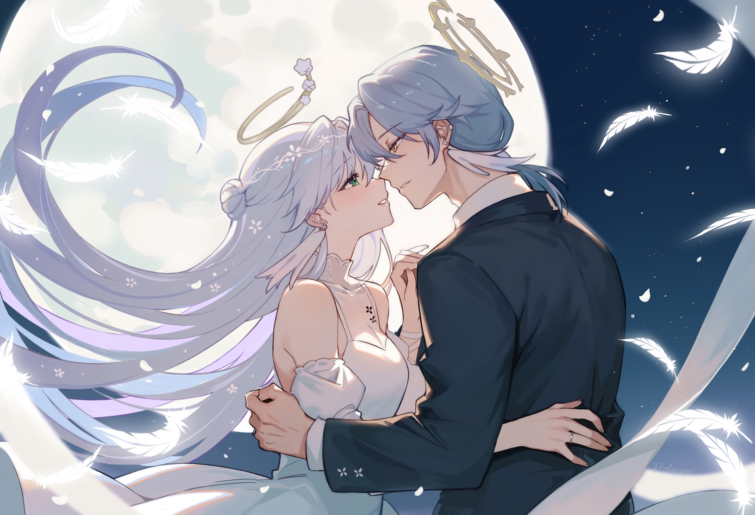 blush, breasts, cleavage, dress, feathers, gray_hair, green_eyes, halo