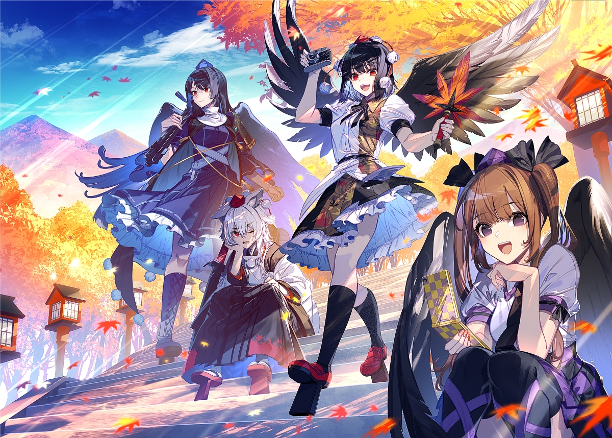 aliasing, animal_ears, autumn, black_hair, boots, bow, brown_hair, camera, clouds, dress, fan, feathers, group, hat, himekaidou_hatate, iizunamaru_megumu, inubashiri_momiji, japanese_clothes, kneehighs, leaves, long_hair, phone, purple_eyes, red_eyes, shameimaru_aya, shirt, short_hair, skirt, sky, stairs, thighhighs, tie, touhou, tree, twintails, white_hair, wings, wink, wolfgirl, zounose