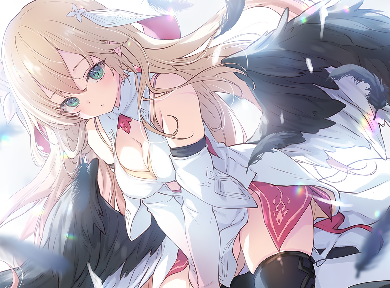 blonde_hair, breast_hold, breasts, cleavage, dress, feathers, green_eyes, kino_(kino_konomi), long_hair, naze_boku_no_sekai_wo_daremo_oboeteinai_no_ka?, rinne_(nazeboku), thighhighs, wings