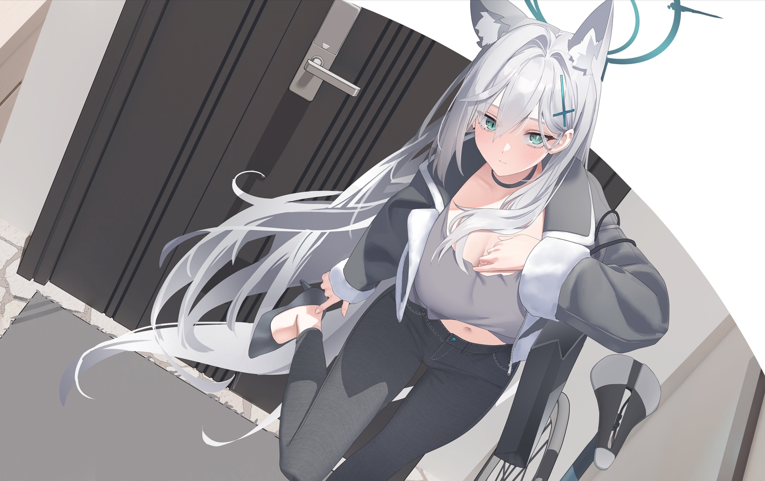 aekun_cben, animal_ears, aqua_eyes, bicycle, blue_archive, blush, breasts, choker