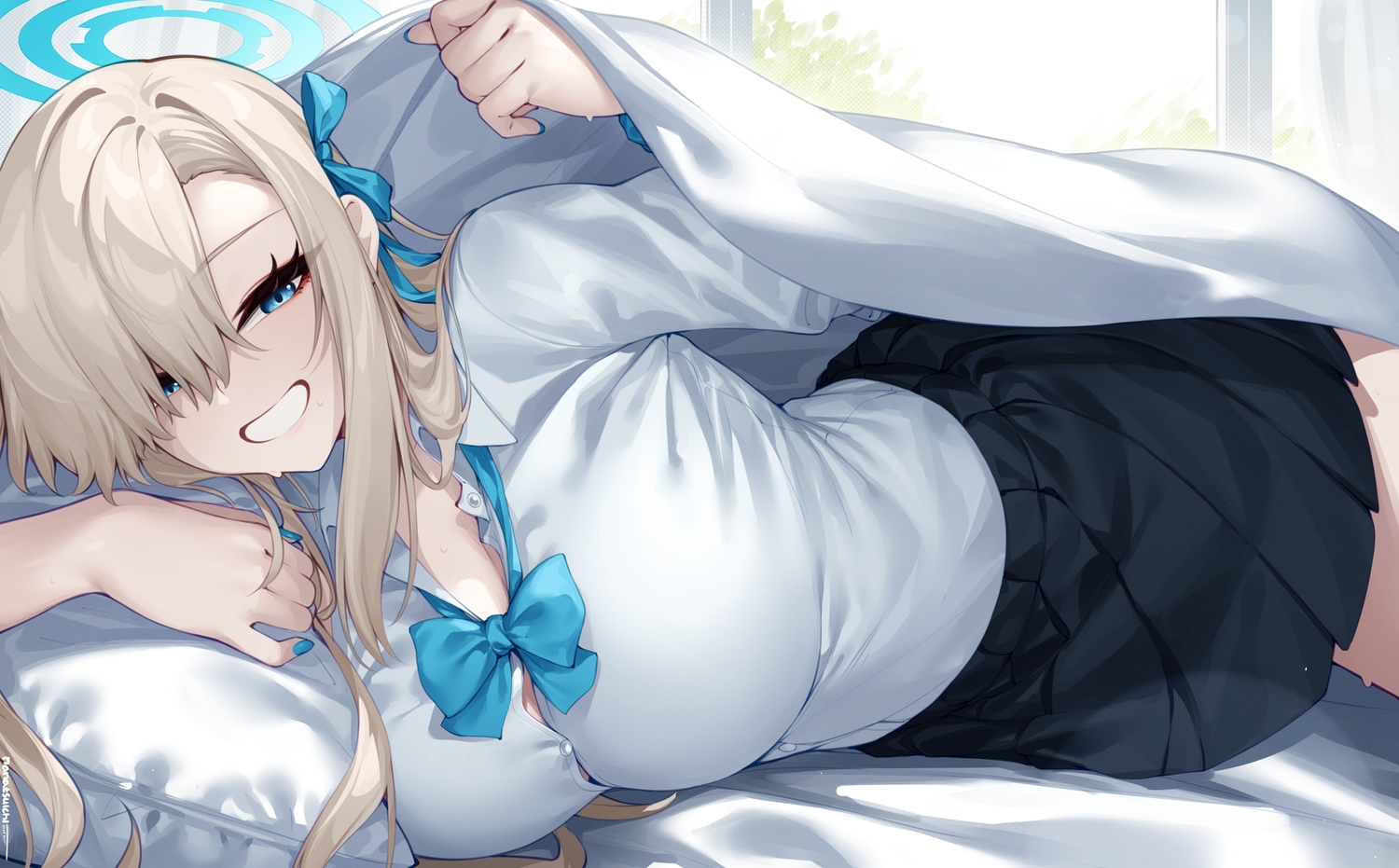 bed, blue_archive, blue_eyes, bow, breasts, brown_hair, cleavage, close