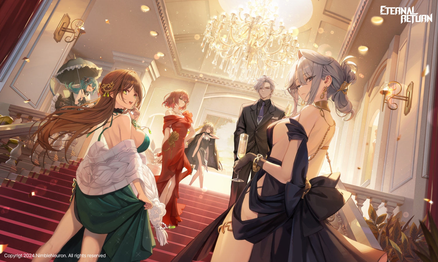 aiden_(black_survival), aliasing, aqua_hair, bianca_(black_survival), black_survival, bow, breasts, brown_hair