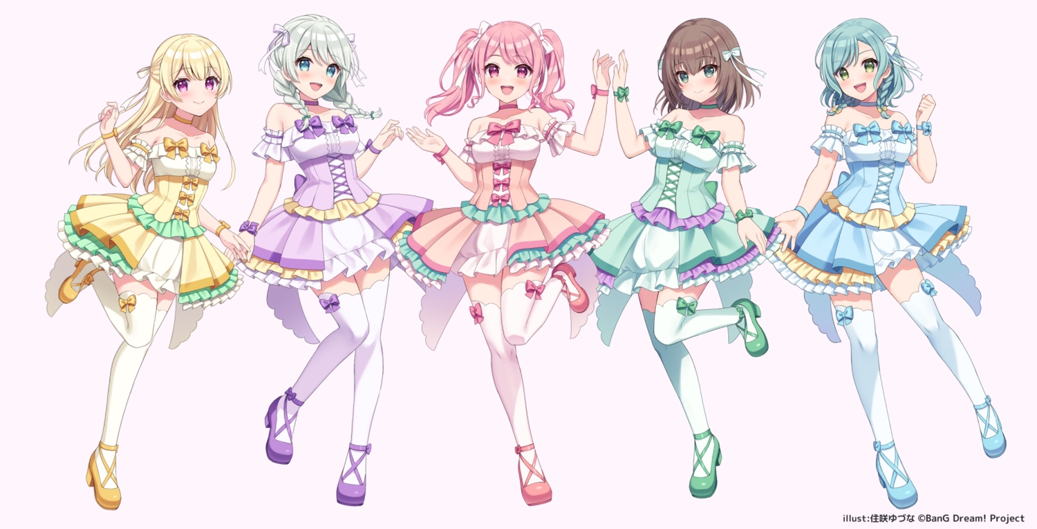 aliasing, aqua_eyes, aqua_hair, bang_dream!, blonde_hair, bow, braids, brown_hair