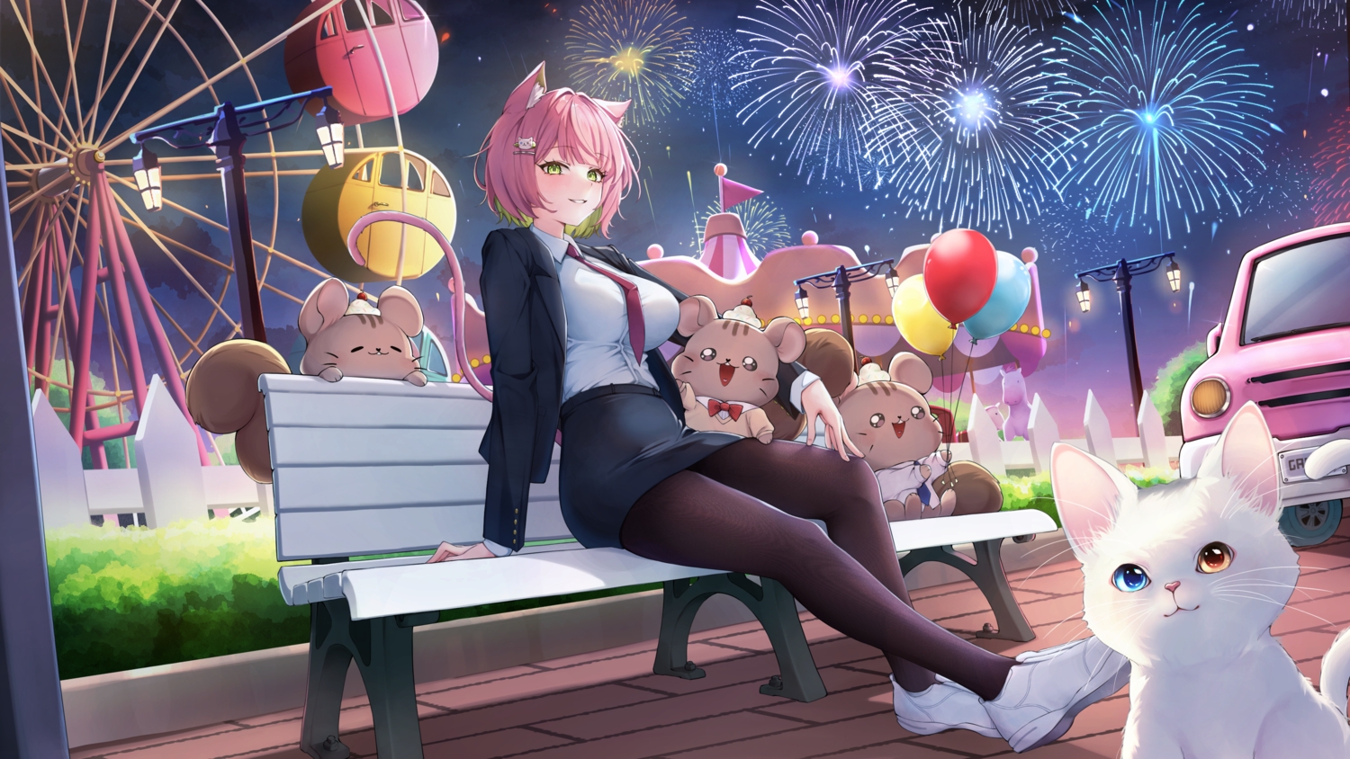 animal, animal_ears, blush, car, cat, catgirl, fireworks, gamtori_(vtuber)