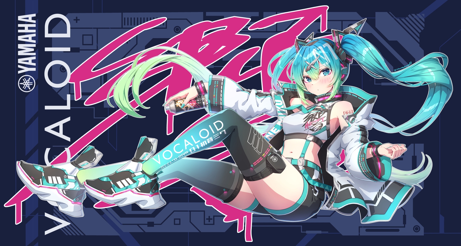 aqua_eyes, aqua_hair, blush, graffiti, hatsune_miku, long_hair, navel, ringosan, shorts, signed, tattoo, thighhighs, twintails, vocaloid, wristwear, zettai_ryouiki