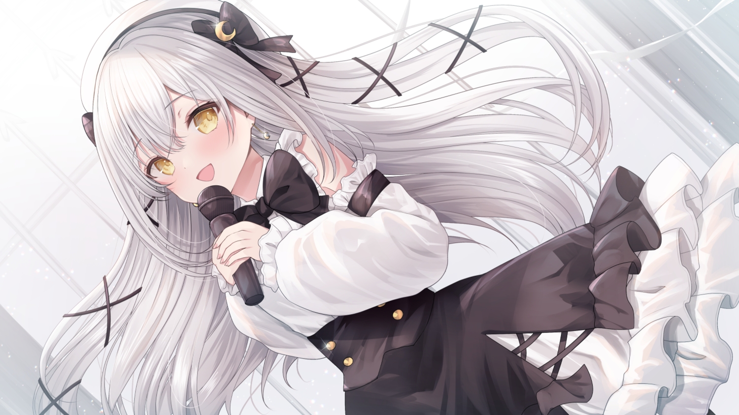 aliasing, blush, bow, gray_hair, hat, kurage_cc, lolita_fashion, long_hair, microphone, nui_lunaveil, shirt, skirt, yellow_eyes