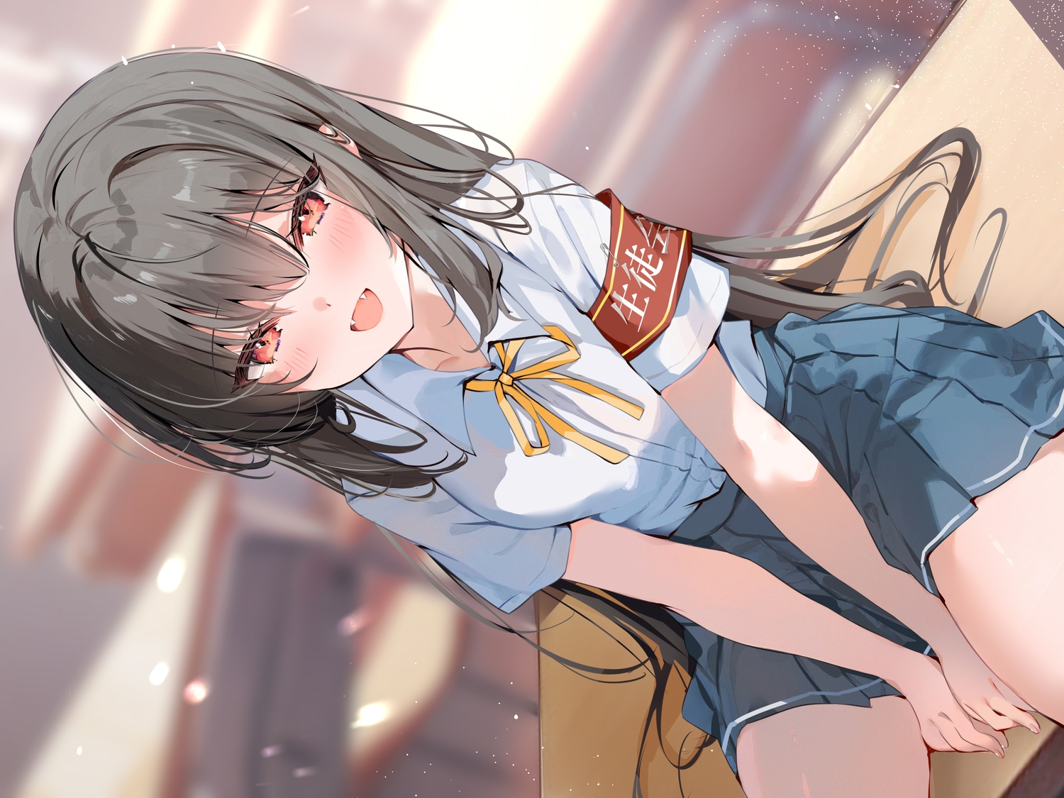 black_hair, blush, fang, long_hair, original, pon_(ponidrop), red_eyes, school_uniform