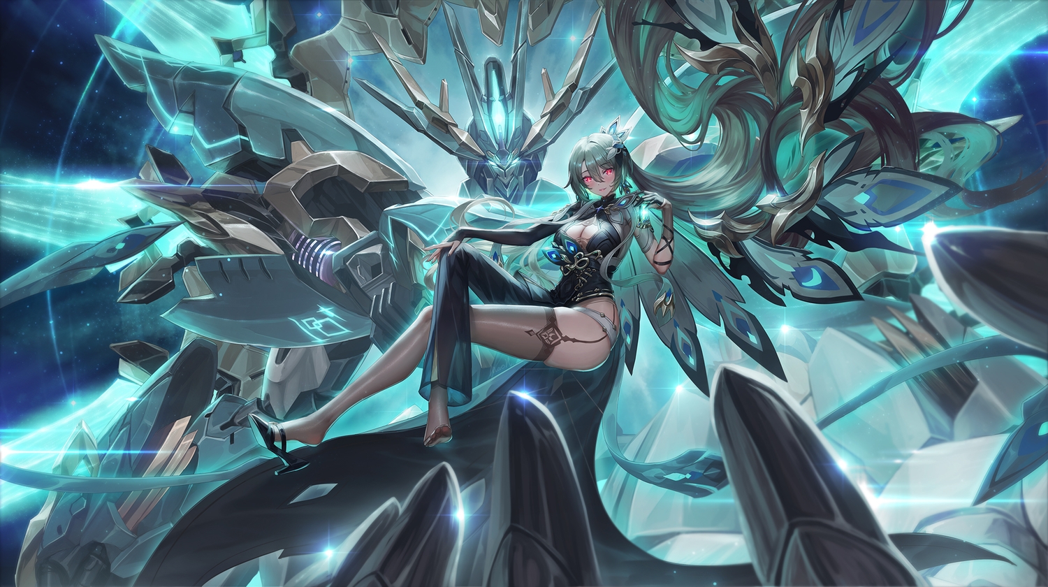 breasts, cleavage, elbow_gloves, garter_belt, gloves, green_hair, honkai_impact, honkai_(series), long_hair, mecha, red_eyes, stockings, ulquiorra0, vita_(honkai_impact), wings, wristwear