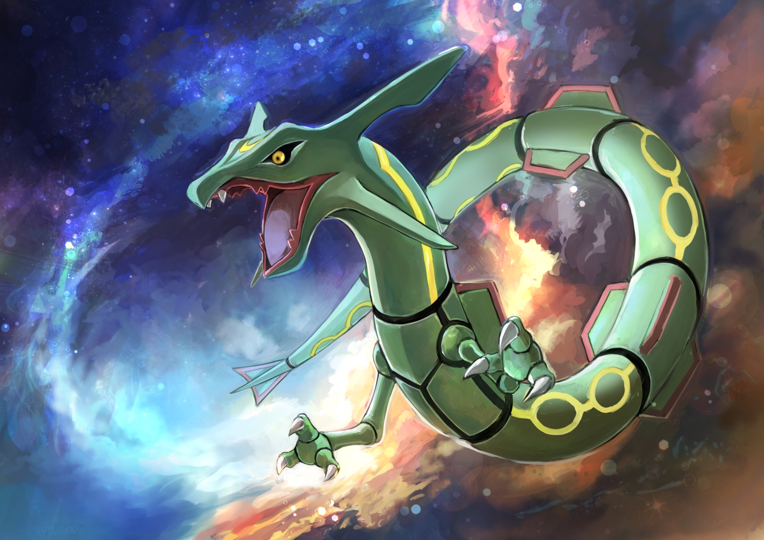 day_walker1117, pokemon, rayquaza, space, stars, yellow_eyes