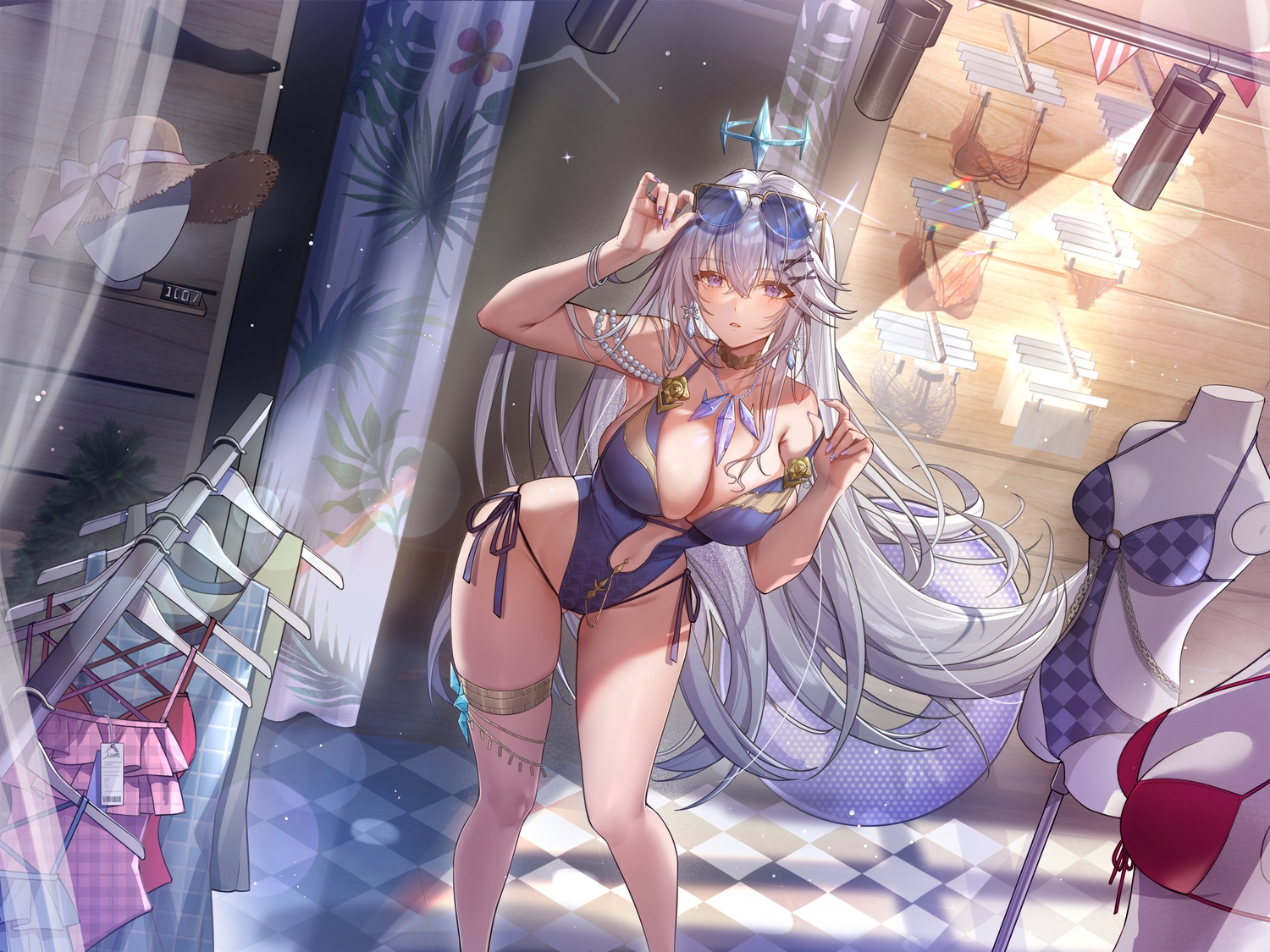 bikini, blush, bow, breasts, choker, cleavage, garter, gray_hair