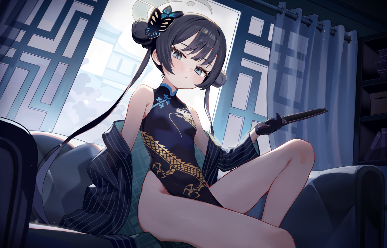 black_hair, blue_archive, blue_eyes, blush, building, chinese_clothes, chinese_dress, couch