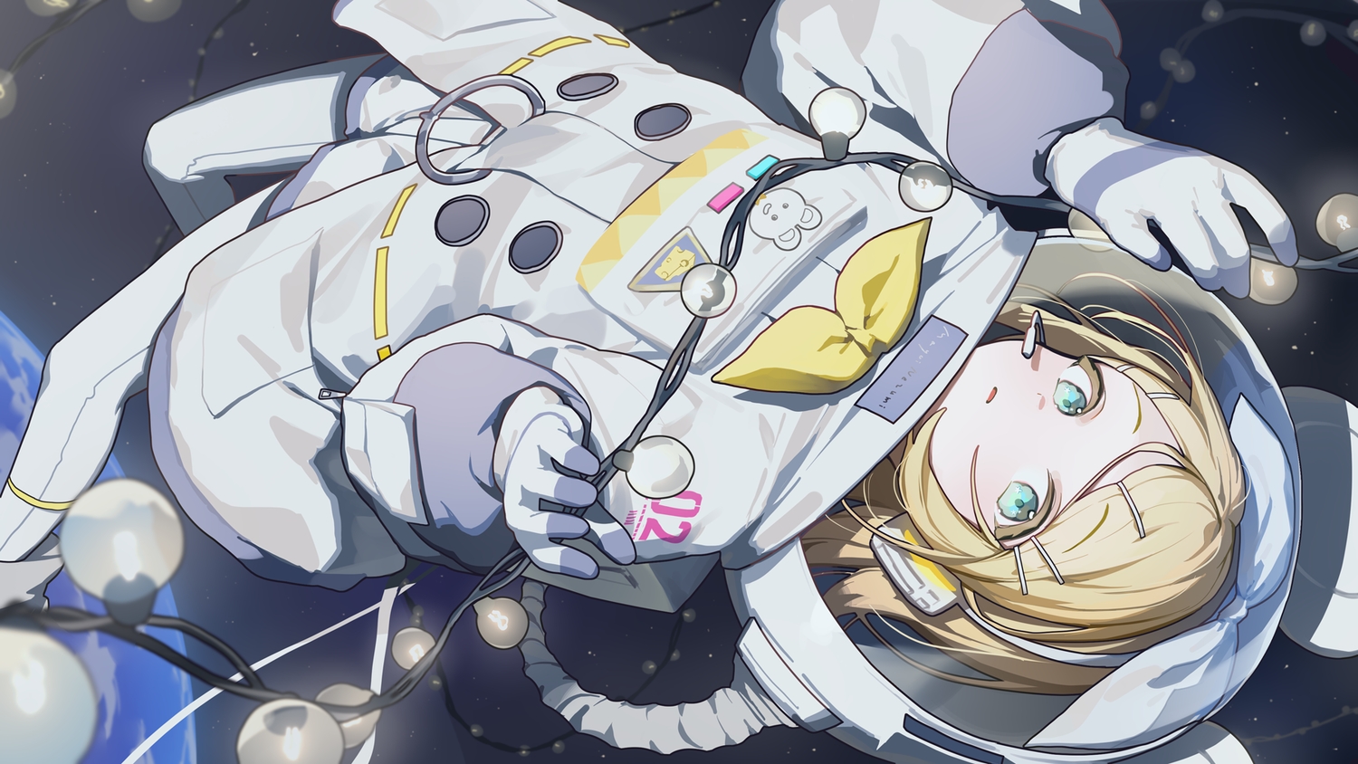 aqua_eyes, blonde_hair, close, earth, headphones, kagamine_rin, microphone, ningen_mame
