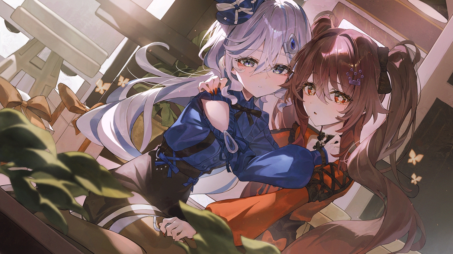 2girls, bicolored_eyes, blue_eyes, blush, bow, brown_hair, choker, furina_(genshin_impact)