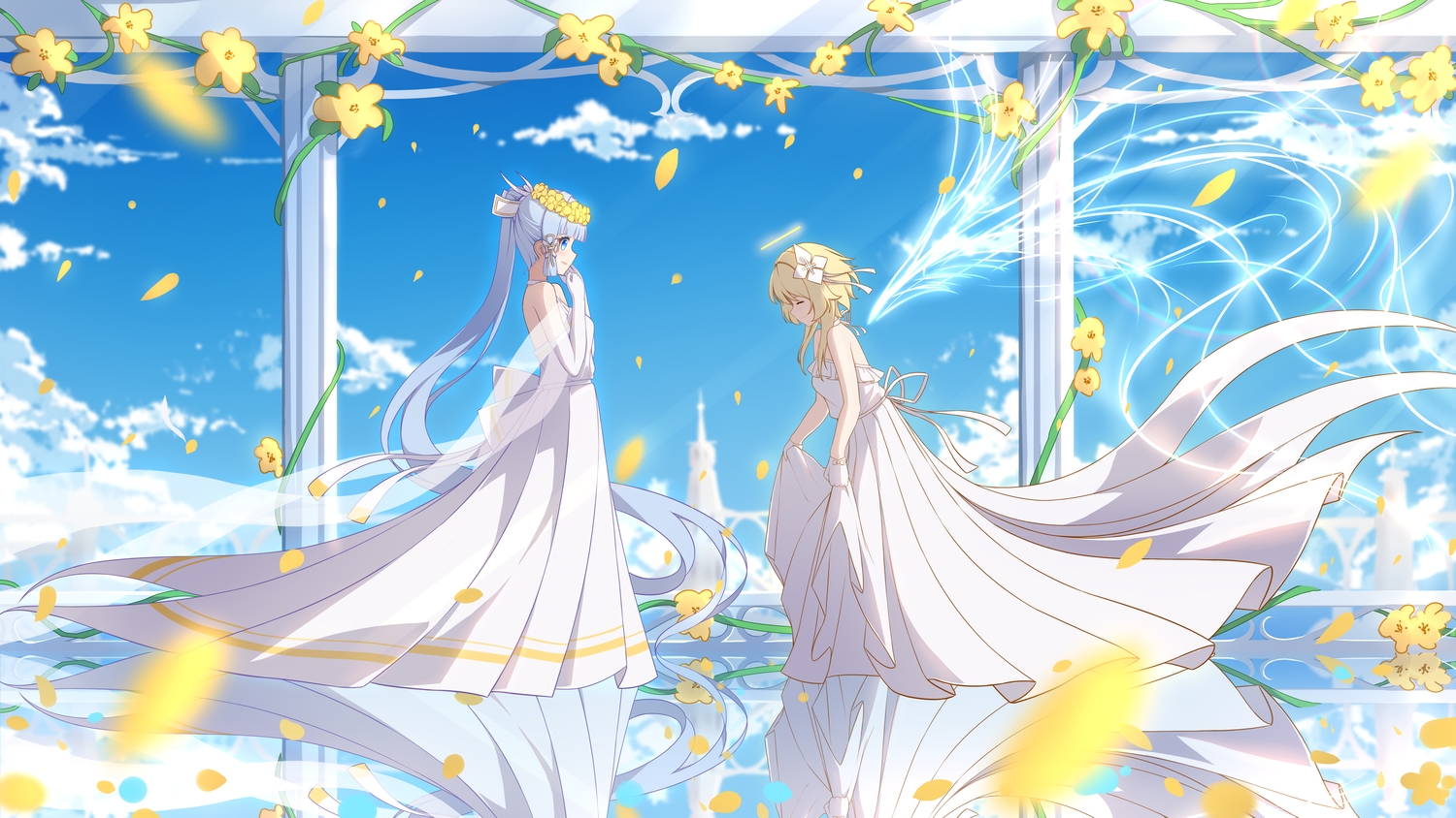 2girls, blonde_hair, blue_eyes, blue_hair, bow, clouds, dress, elbow_gloves