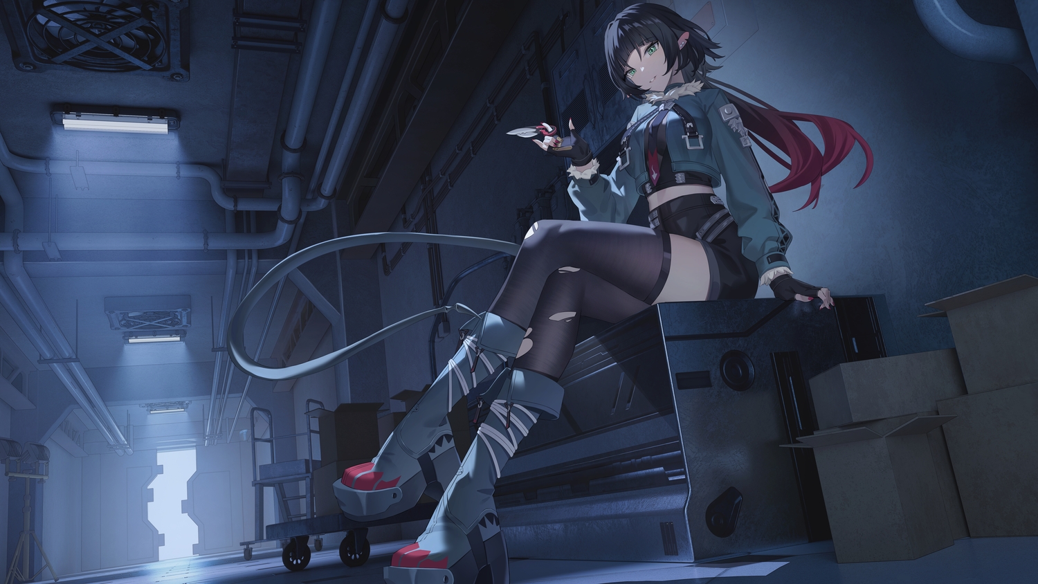 angel_no_shousou, animal_ears, black_hair, boots, dark, gloves, green_eyes, jane_doe_(zenless_zone_zero), long_hair, mousegirl, shorts, tail, thighhighs, tie, torn_clothes, weapon, zenless_zone_zero, zettai_ryouiki
