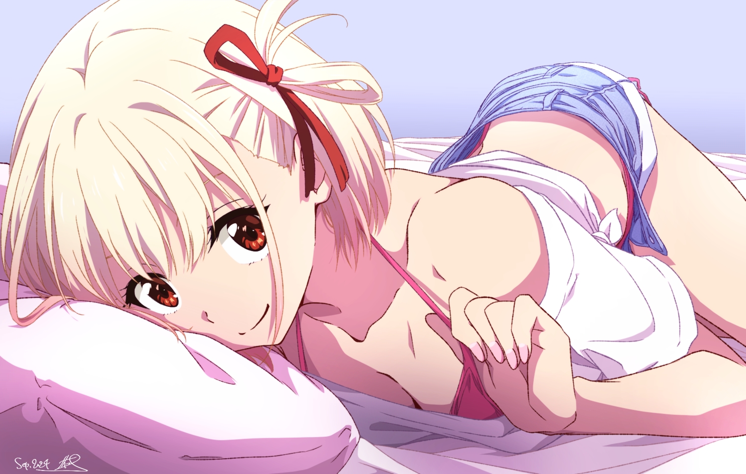 bed, bikini, blonde_hair, breasts, cleavage, close, lycoris_recoil, nii_manabu