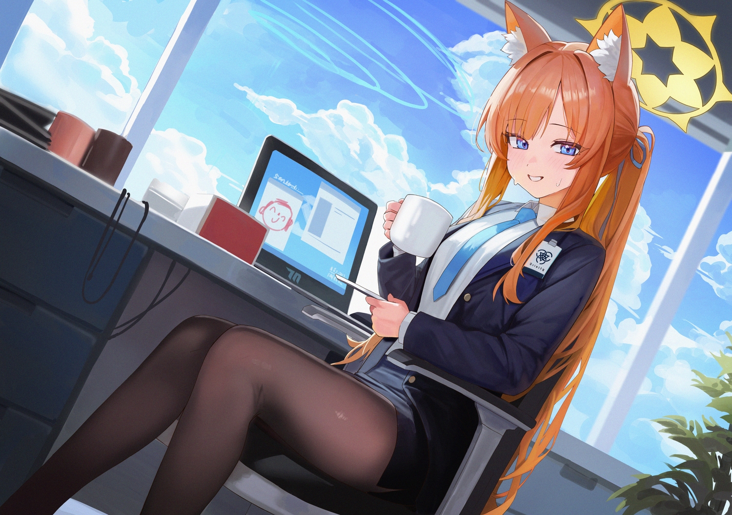 animal_ears, blue_archive, blue_eyes, blush, book, catgirl, clouds, computer, drink, halo, iochi_mari, leaves, long_hair, orange_hair, pantyhose, ponytail, setakman, shirt, skirt, sky, suit, tie