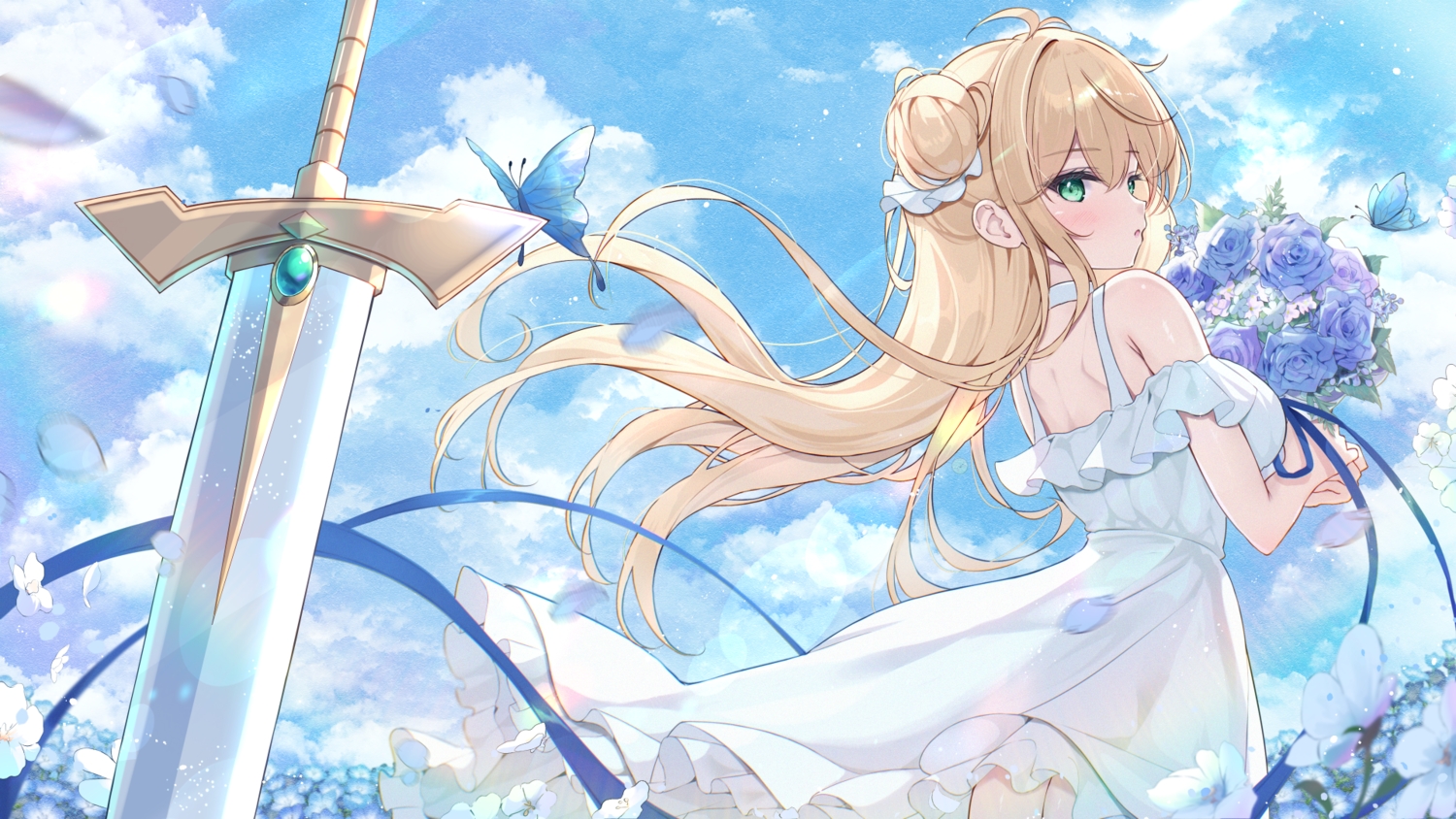 blonde_hair, blush, bow, butterfly, clouds, dress, flowers, green_eyes