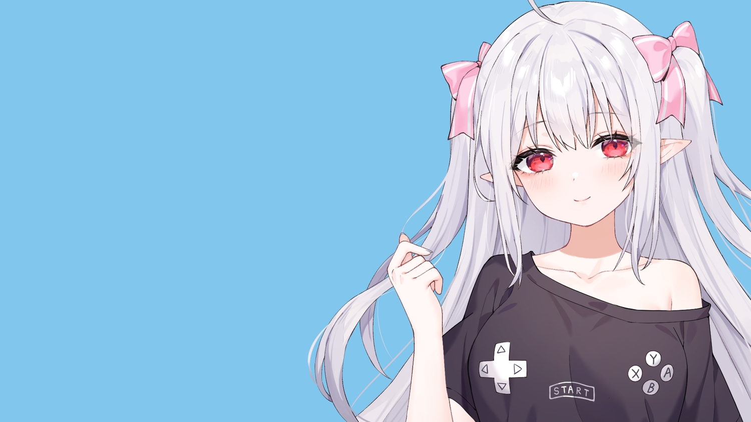 aliasing, a_simple_life_with_my_unobtrusive_sister, blush, bow, close, gray_hair, long_hair, niliu_chahui, pointed_ears, red_eyes, tagme_(character), third-party_edit, twintails