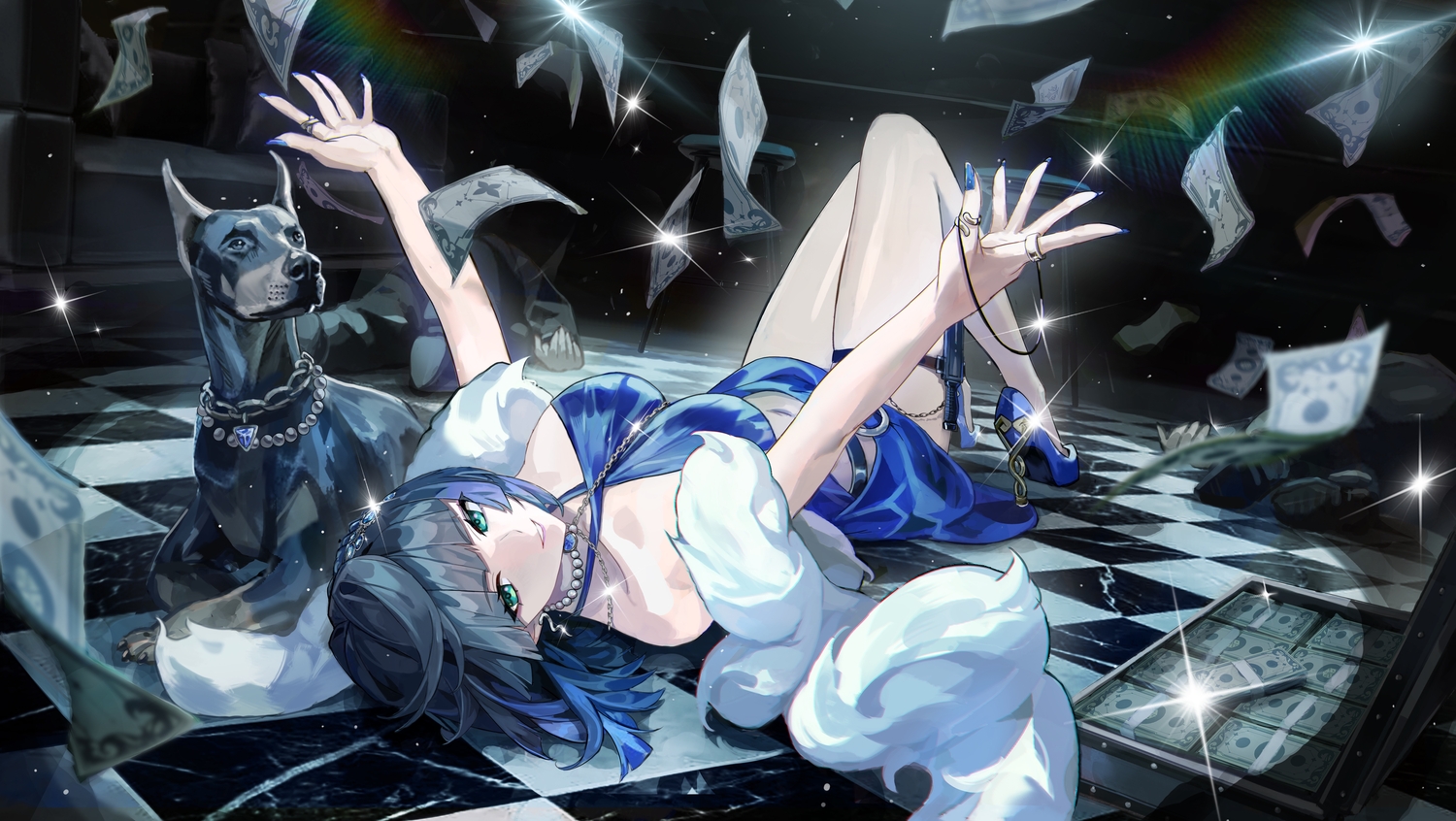 animal, blue_hair, chain, couch, dog, dress, garter, genshin_impact