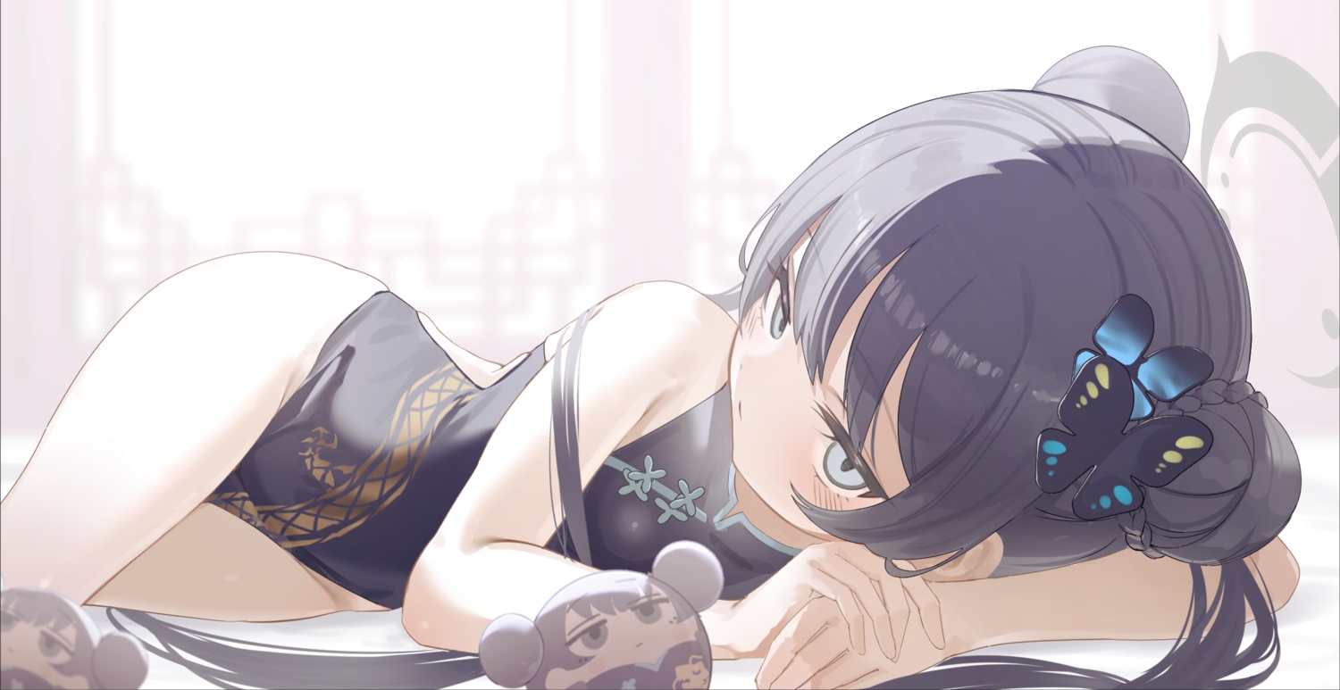 black_hair, blue_archive, blue_eyes, blush, braids, chinese_clothes, chinese_dress, close, dress, halo, loli, long_hair, ryuuge_kisaki, tatara_(alnath_may), twintails