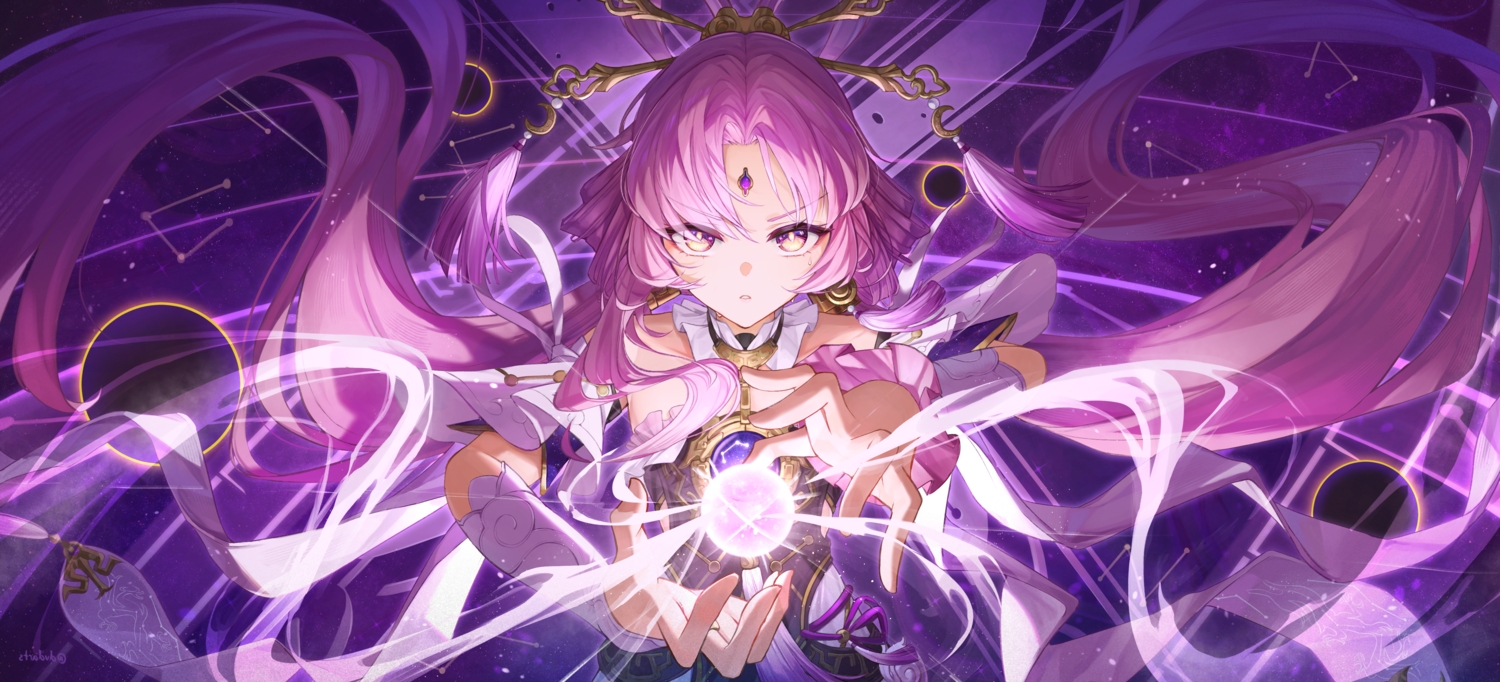 choker, dress, dvdarts, fu_xuan_(honkai:_star_rail), headdress, honkai_(series), honkai:_star_rail, long_hair, magic, pink_hair, purple_eyes, stars, wristwear
