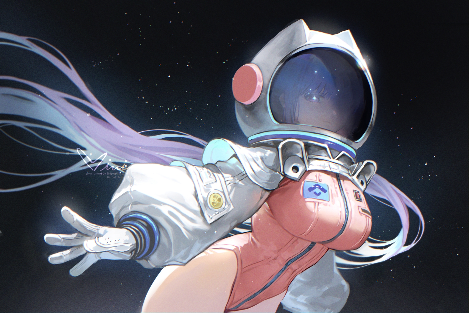 bb_(fate), bodysuit, breasts, fate/grand_order, fate_(series), gloves, long_hair, purple_eyes, purple_hair, signed, space, stars, vivi_(eve_no_hakoniwa), watermark
