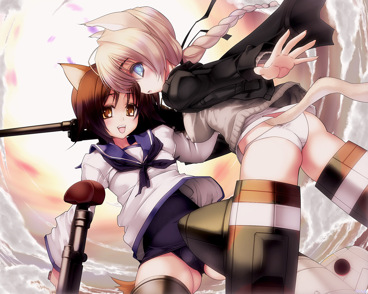 animal_ears, coffee_cat, lynette_bishop, miyafuji_yoshika, panties, school_swimsuit, school_uniform, strike_witches
