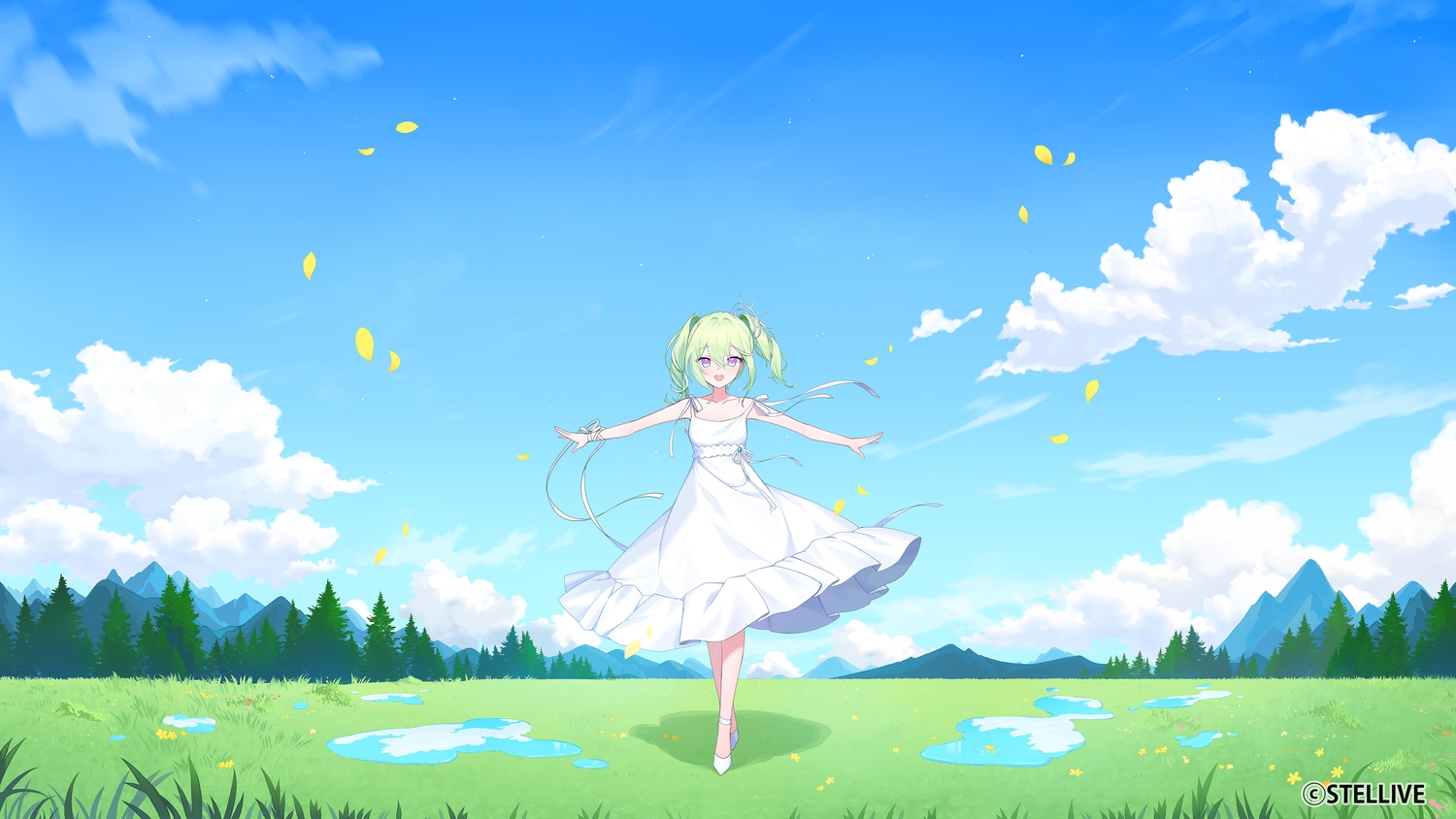 applecaramel_(acaramel), bow, clouds, dress, flowers, grass, green_hair, petals