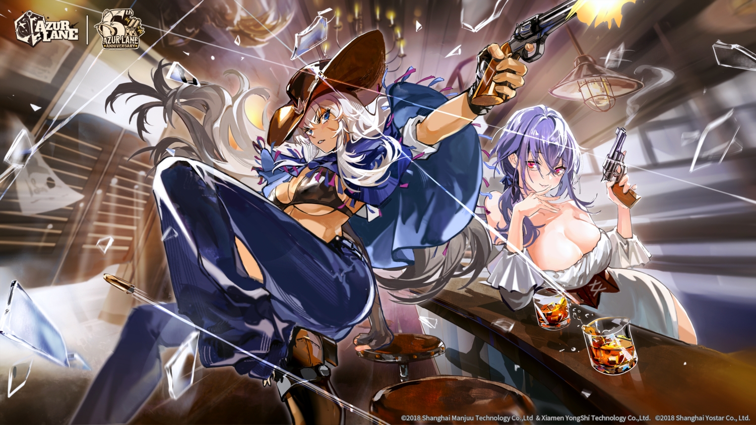 2girls, aliasing, anthropomorphism, azur_lane, bikini_top, blue_eyes, blush, boots, breasts, cape, cleavage, cowgirl, dark_skin, dress, drink, gloves, gun, hat, indiana_(azur_lane), logo, long_hair, pittsburgh_(azur_lane), ponytail, purple_hair, red_eyes, weapon, white_hair, zzyzzyy