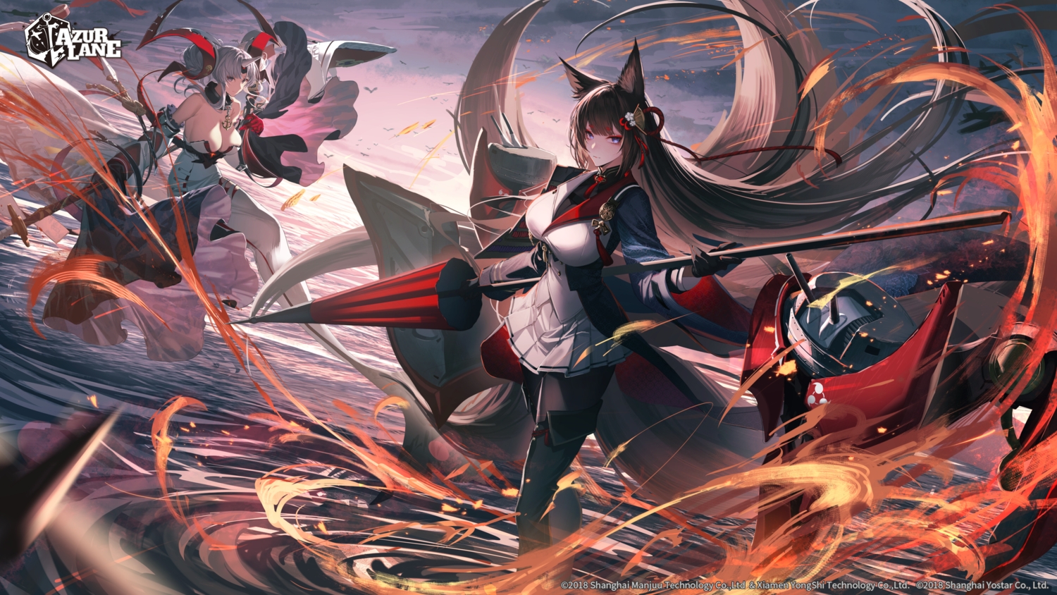 2girls, amagi_(azur_lane), animal_ears, anthropomorphism, azur_lane, boots, breasts, brown_hair