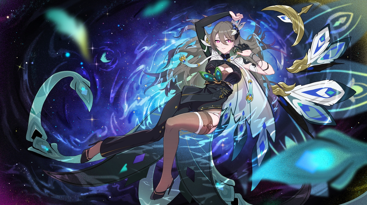 breasts, cleavage, ermu_(enmmm), feathers, garter_belt, gloves, green_hair, honkai_impact, honkai_(series), long_hair, pink_eyes, reflection, stars, stockings, vita_(honkai_impact), water, watermark
