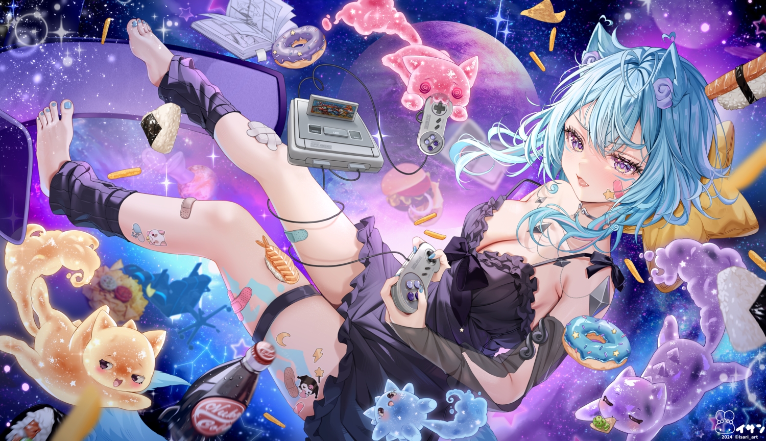 animal_ears, aqua_hair, bandage, bandaid, barefoot, blush, book, bow