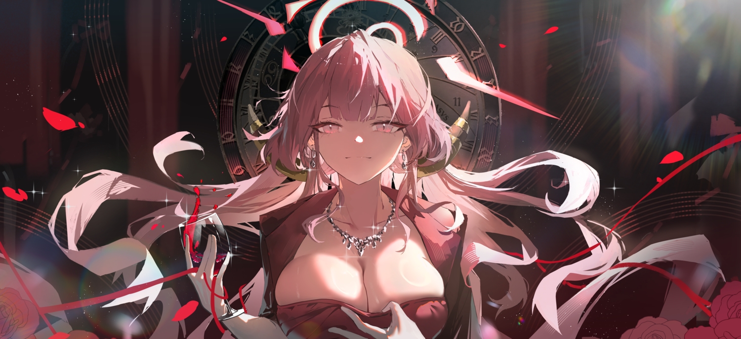 blue_archive, breast_hold, breasts, cleavage, close, cropped, drink, elbow_gloves, flowers, gloves, halo, huade_xiami, long_hair, necklace, petals, pink_eyes, pink_hair, rikuhachima_aru, rose