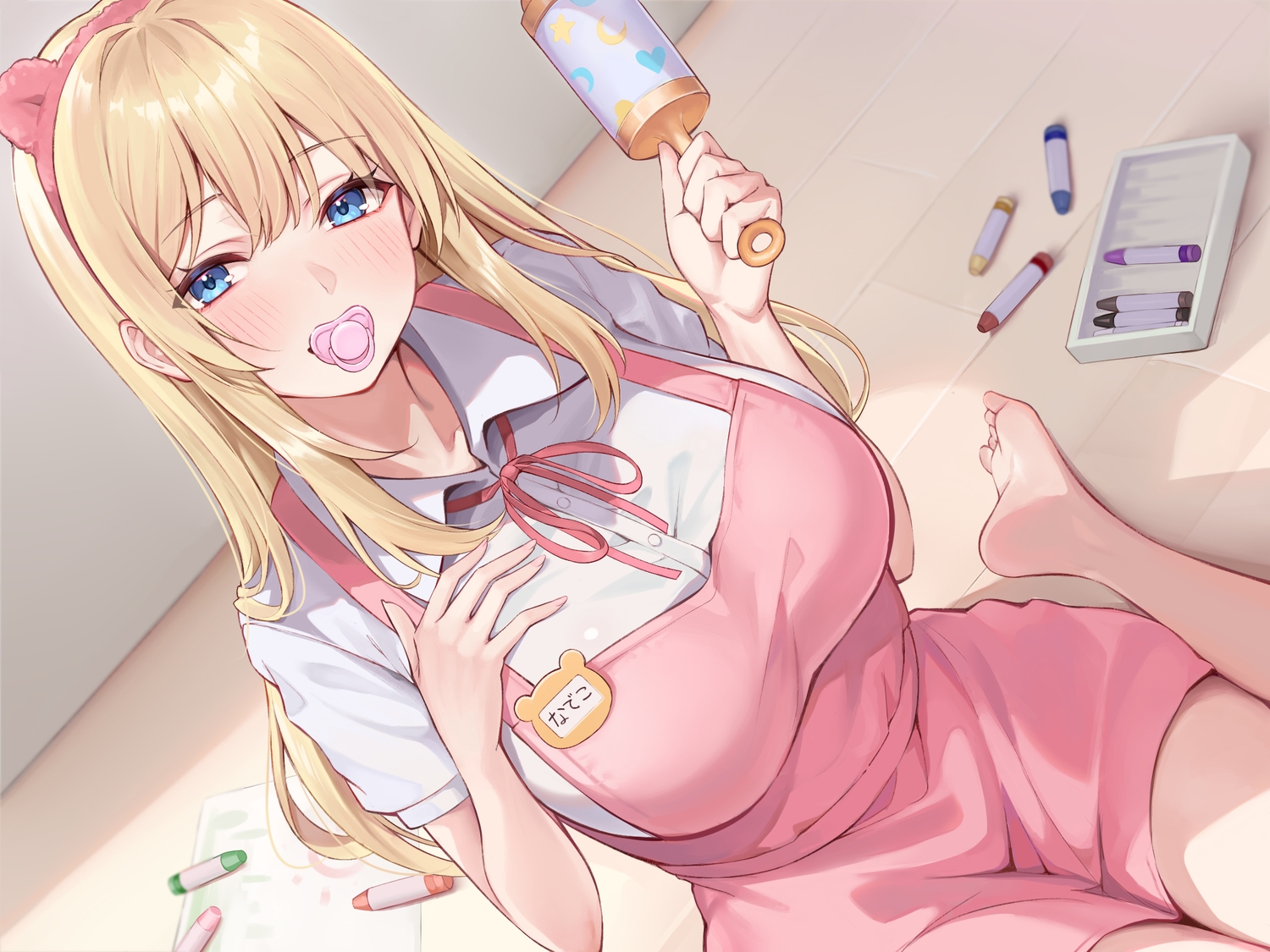 animal_ears, apron, blonde_hair, blue_eyes, blush, breast_hold, headband, long_hair, nagiha_kuten, original, shirt, tegurayuki