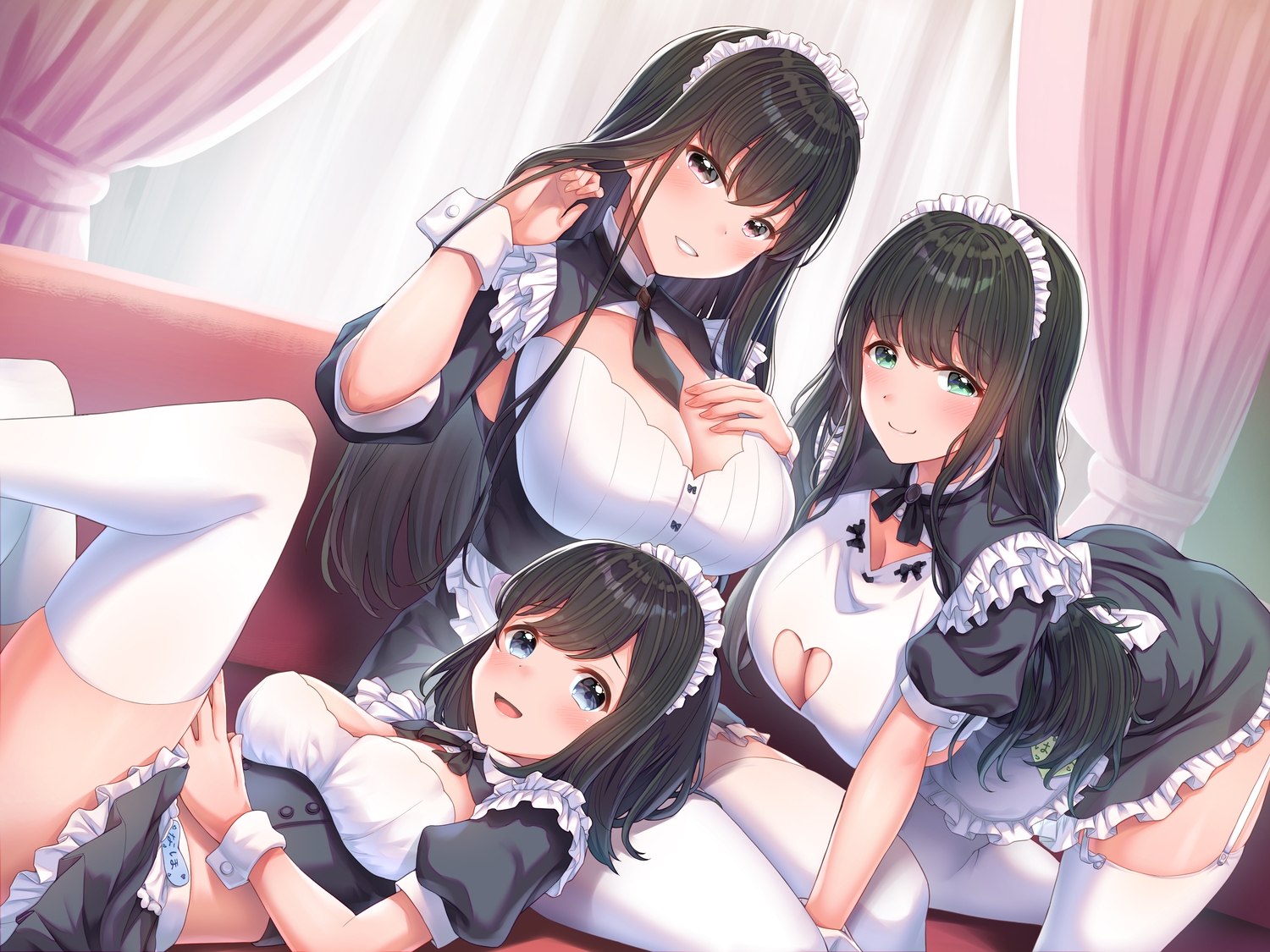 black_eyes, black_hair, blush, breast_hold, breasts, cleavage, couch, garter_belt