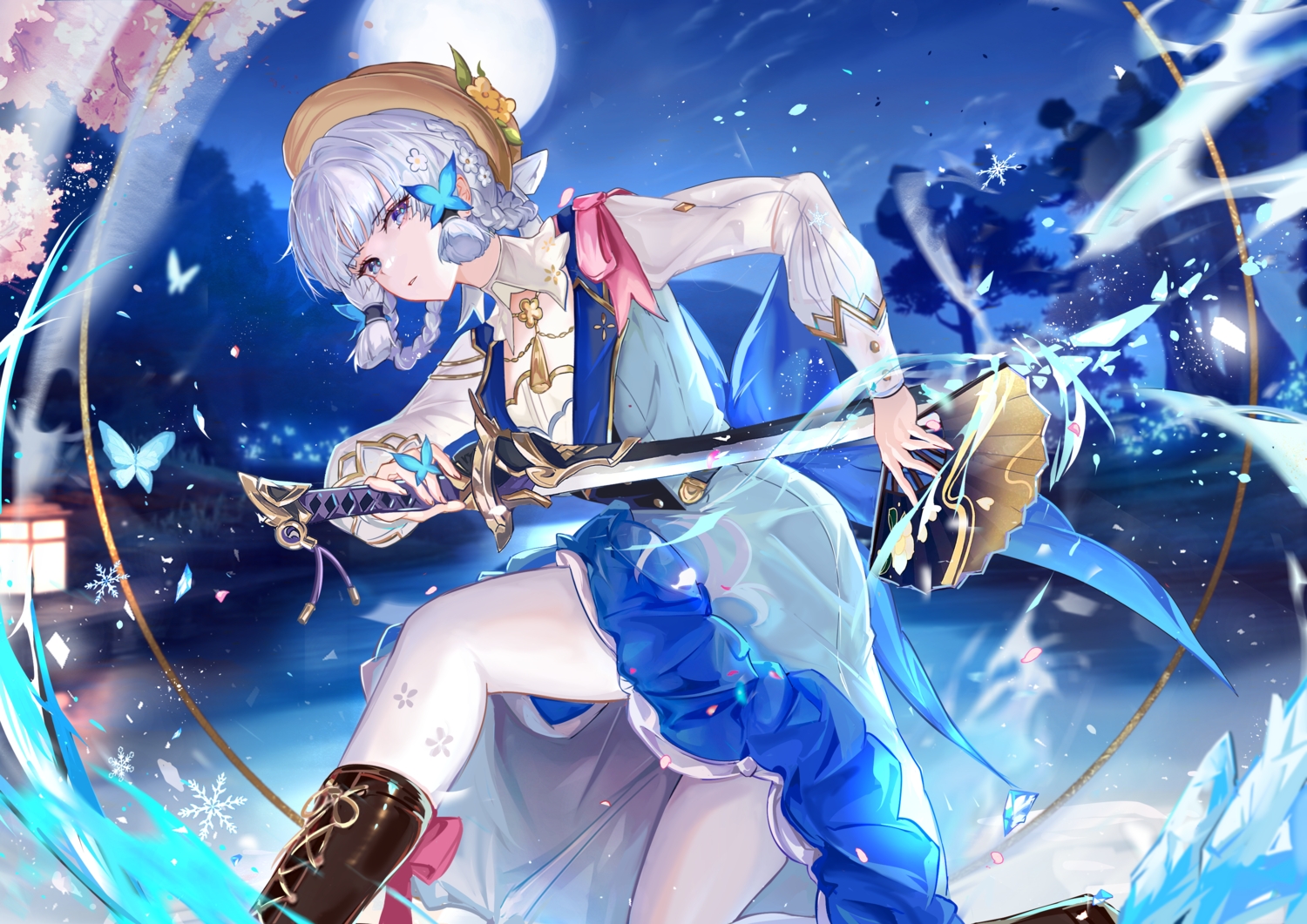 blue_eyes, boots, bow, braids, butterfly, cherry_blossoms, clouds, dress
