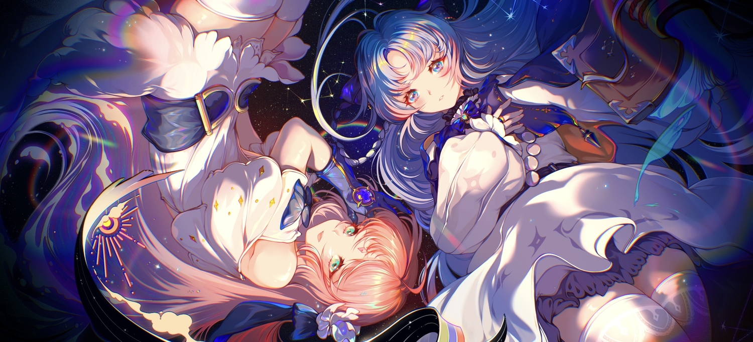 2girls, aliasing, aqua_eyes, azusa0v0, blue_hair, book, bow, braids