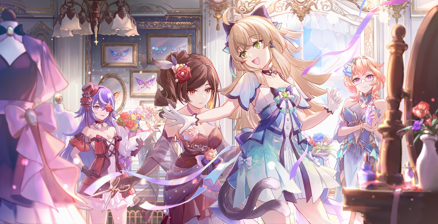 blonde_hair, bow, breasts, brown_hair, catgirl, cat_smile, chevreuse_(genshin_impact), chiori_(genshin_impact), choker, cleavage, csyday, dress, emilie_(genshin_impact), flowers, genshin_impact, glasses, gloves, green_eyes, group, hat, headband, kirara_(genshin_impact), long_hair, multiple_tails, orange_hair, paper, ponytail, purple_eyes, purple_hair, red_eyes, ribbons, short_hair, tail