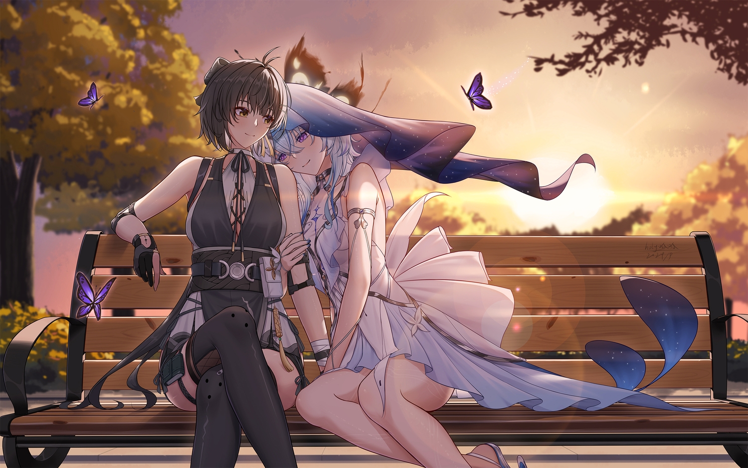2girls, black_hair, blue_hair, butterfly, choker, dress, female_rover_(wuthering_waves), garter