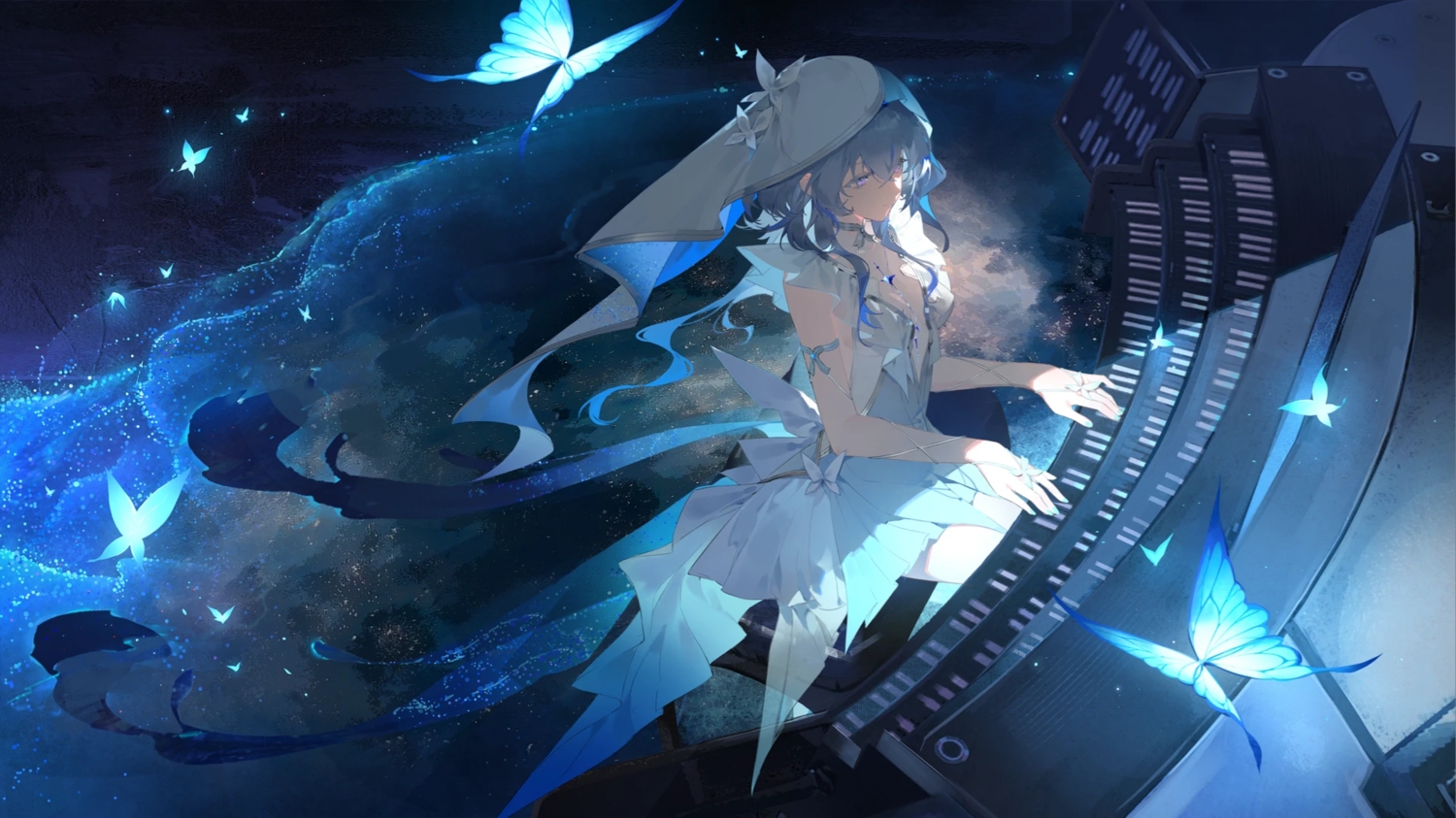 beach, blue_hair, butterfly, choker, dress, headdress, instrument, long_hair, piano, purple_eyes, shorekeeper_(wuthering_waves), water, wristwear, wuthering_waves, zhanzhan_lan