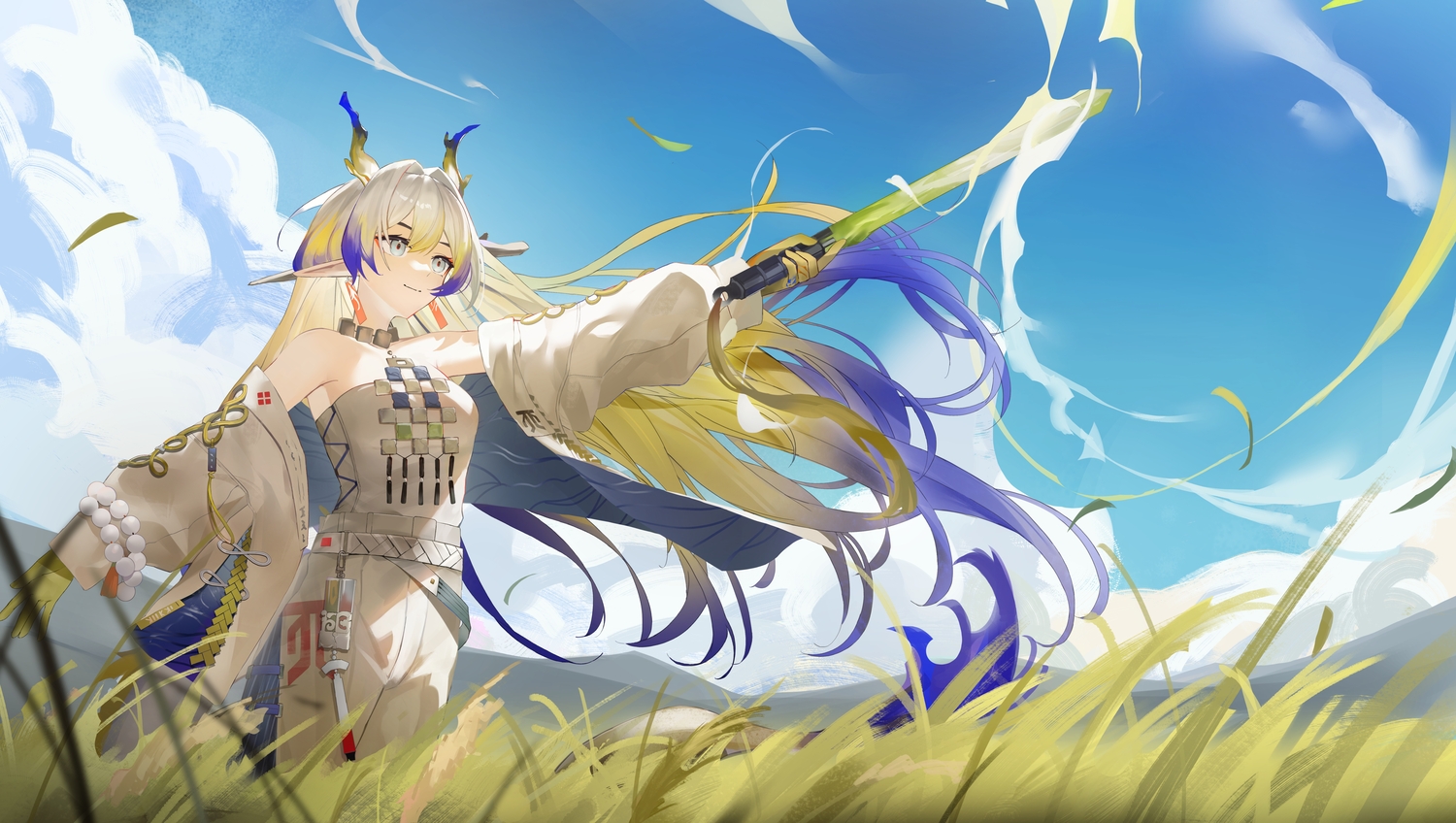 arknights, clouds, derby_(dabidabi), grass, gray_eyes, gray_hair, horns, long_hair