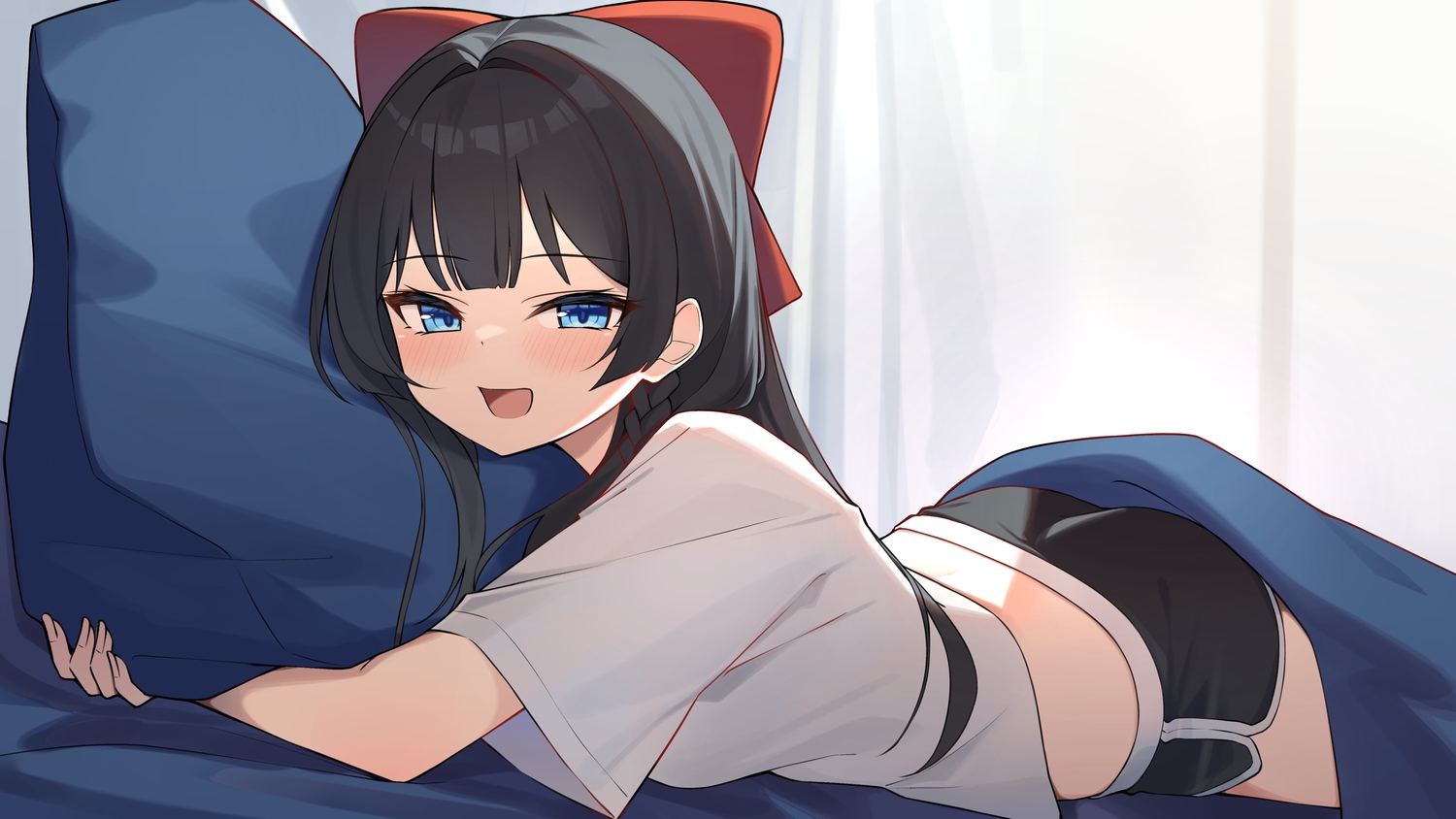 ass, bed, black_hair, blue_eyes, blush, bow, long_hair, shirayuki_hina