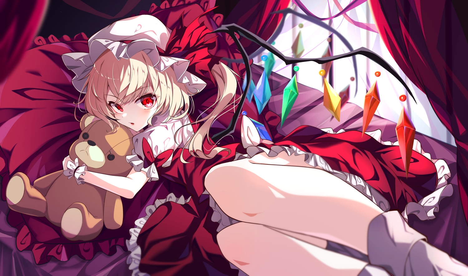bed, blonde_hair, blush, bow, dress, flandre_scarlet, hat, hug
